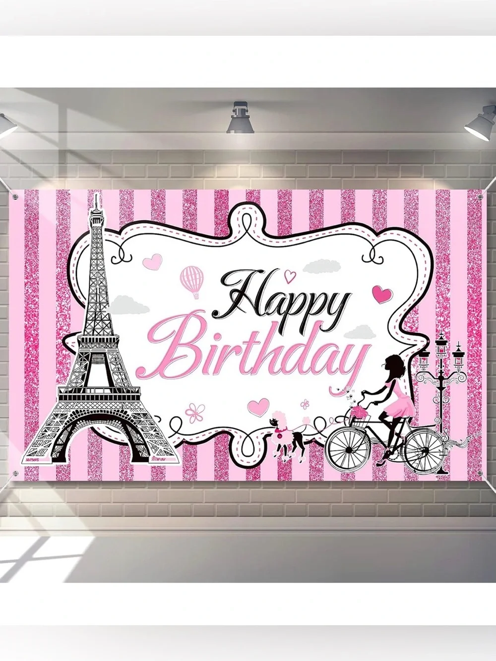Happy Birthday Paris Backdrop - Pink Striped Party Banner